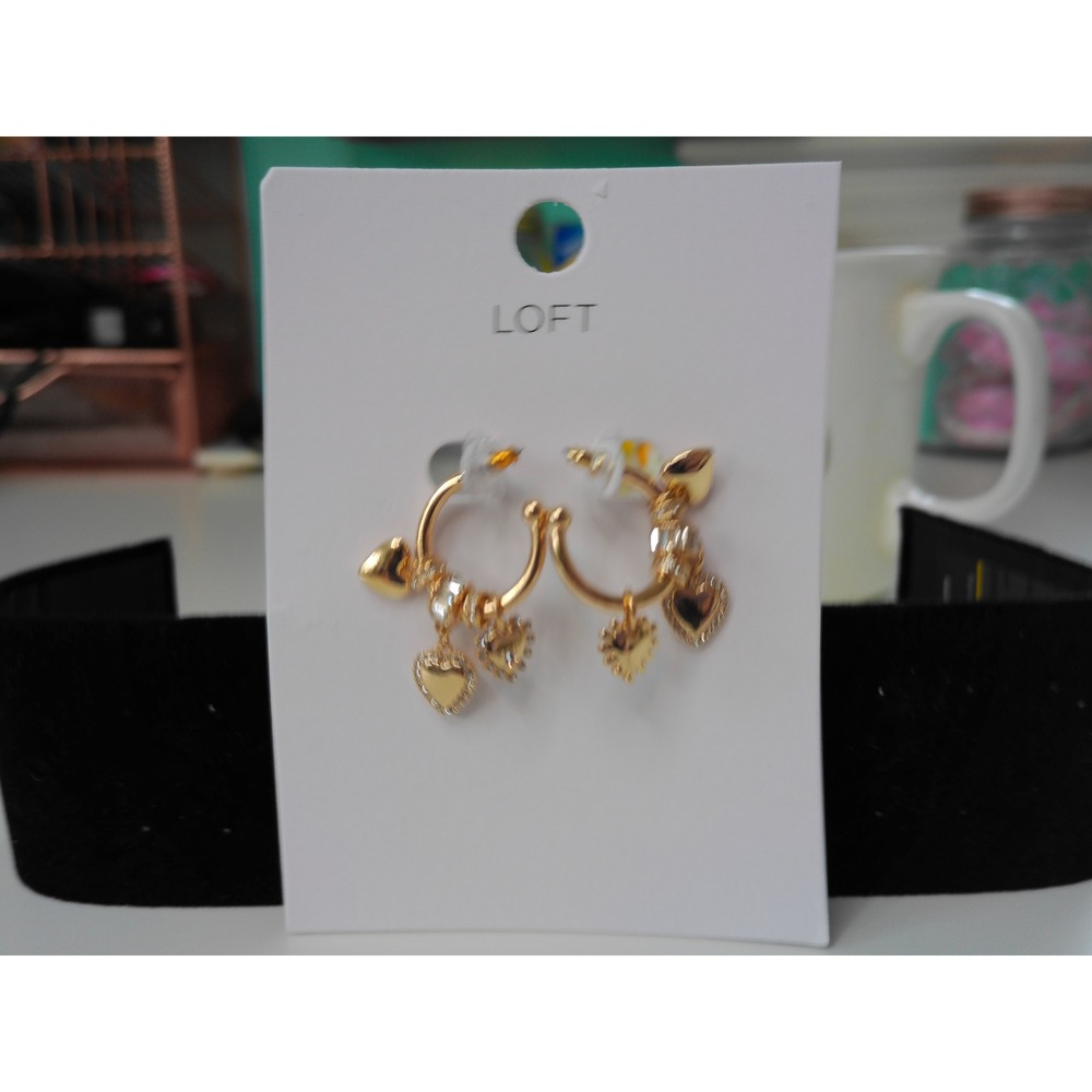 Loft Gold-Tone Heart Charm Huggie Hoop Earrings Crystal Accents 40025674 NWT